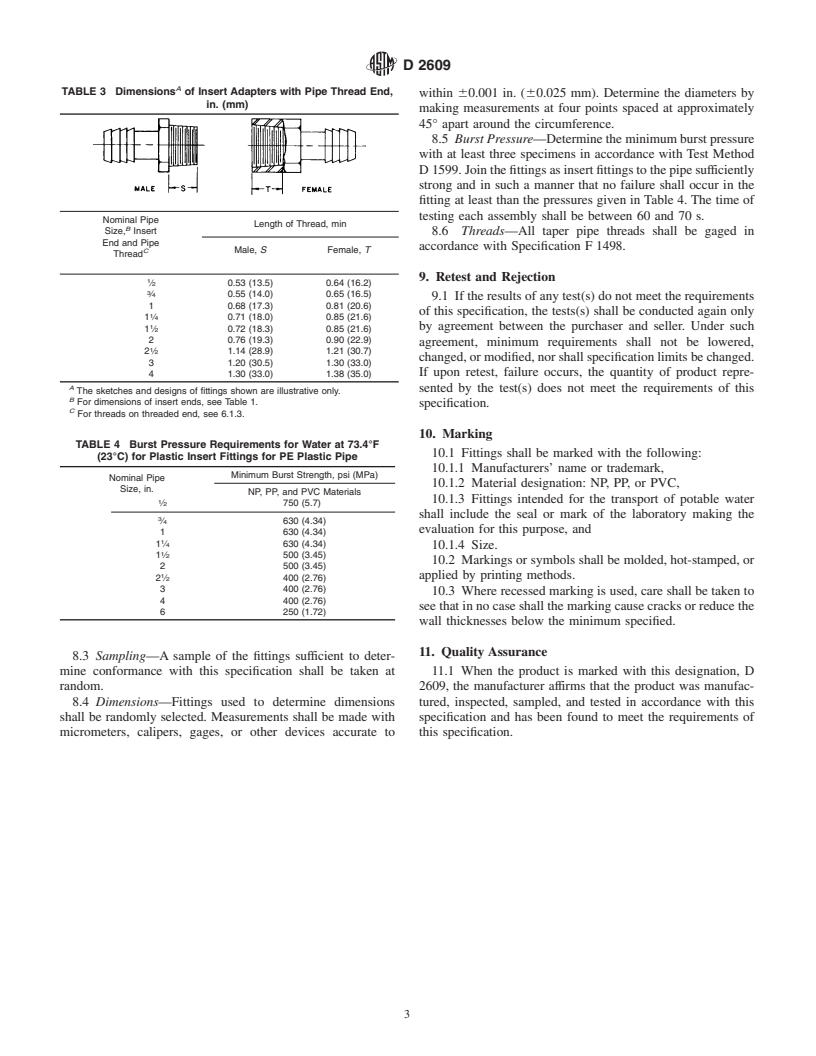 ASTM D2609-00 - Standard Specification for Plastic Insert Fittings for Polyethylene (PE) Plastic Pipe