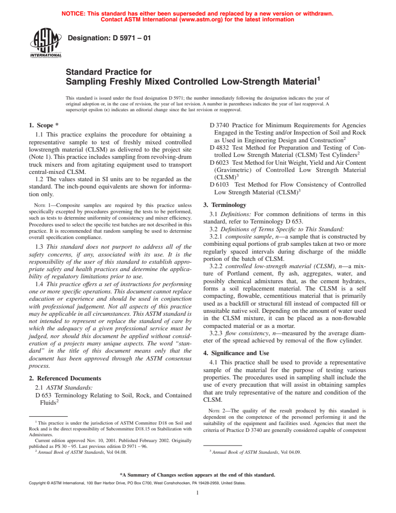 ASTM D5971-01 - Standard Practice for Sampling Freshly Mixed Controlled Low-Strength Material