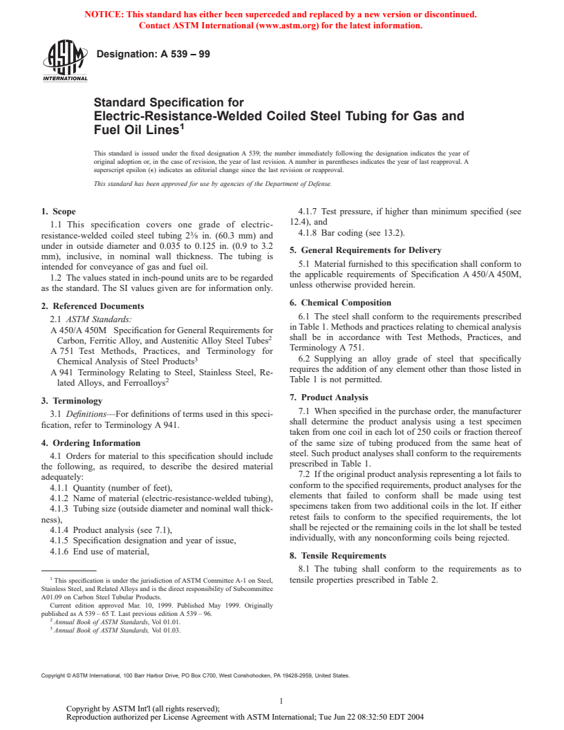 ASTM A539-99 - Standard Specification for Electric-Resistance-Welded Coiled Steel Tubing for Gas and Fuel Oil Lines (Withdrawn 2004)