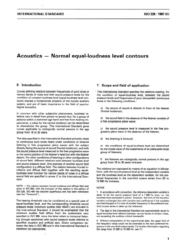 ISO 226:1987 - Acoustics -- Normal equal-loudness level contours