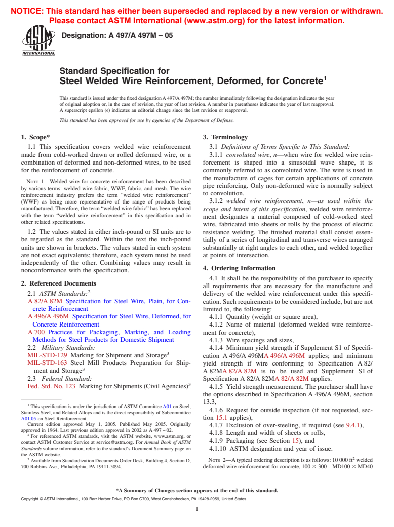 ASTM A497/A497M-05 - Standard Specification for Steel Welded Wire Reinforcement, Deformed, for Concrete