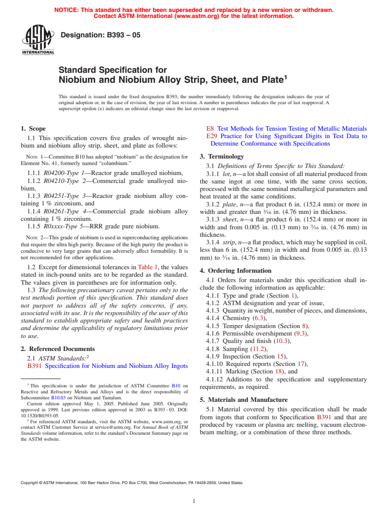 ASTM B393-05 - Standard Specification For Niobium And Niobium Alloy ...