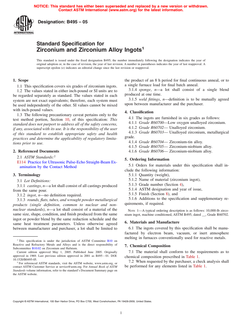 ASTM B495-05 - Standard Specification for Zirconium and Zirconium Alloy Ingots