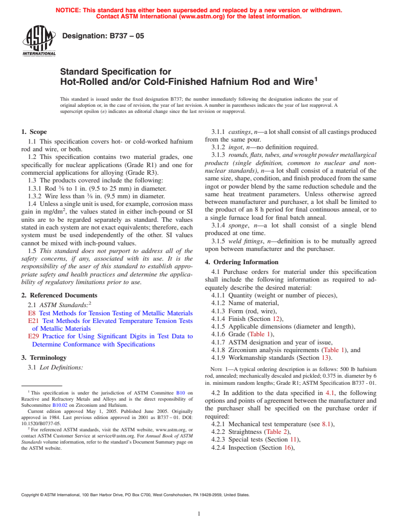 ASTM B737-05 - Standard Specification for Hot-Rolled and/or Cold-Finished Hafnium Rod and Wire