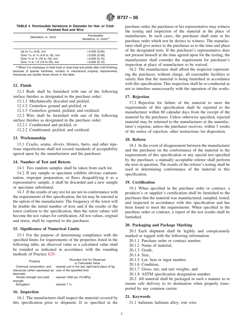 ASTM B737-05 - Standard Specification for Hot-Rolled and/or Cold-Finished Hafnium Rod and Wire