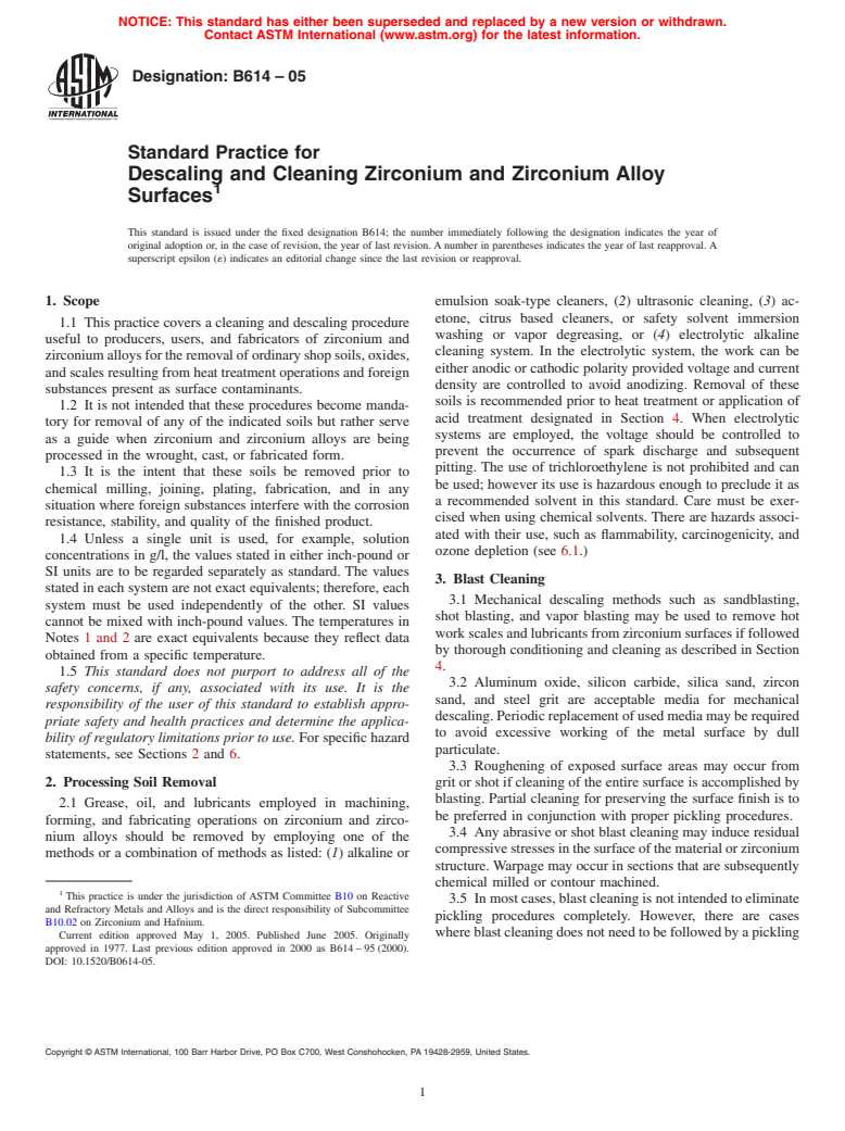 ASTM B614-05 - Standard Practice for Descaling and Cleaning Zirconium and Zirconium Alloy Surfaces