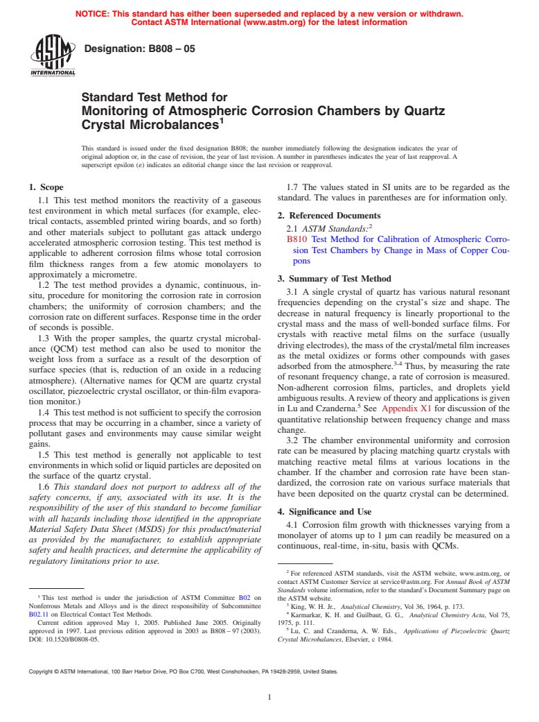 ASTM B808-05 - Standard Test Method for Monitoring of Atmospheric Corrosion Chambers by Quartz Crystal Microbalances