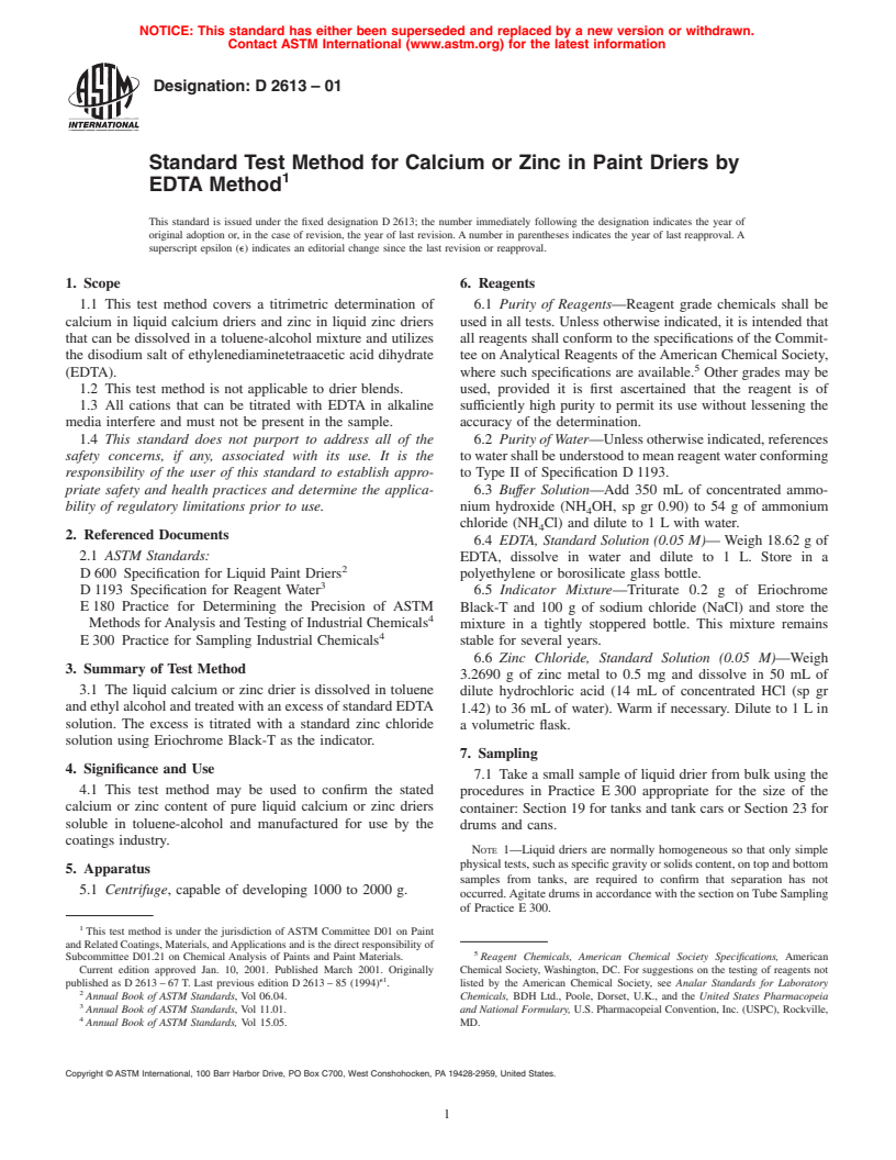 ASTM D2613-01 - Standard Test Method for Calcium or Zinc in Paint Driers by EDTA Method