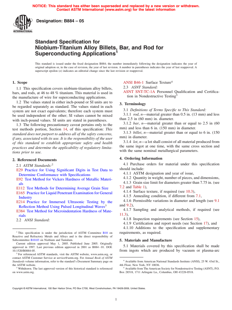 ASTM B884-05 - Standard Specification for Niobium-Titanium Alloy Billets, Bar, and Rod for Superconducting Applications