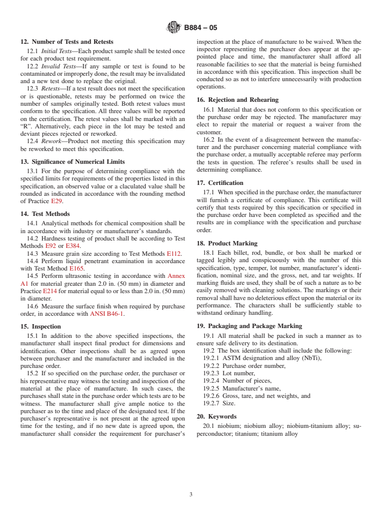 ASTM B884-05 - Standard Specification for Niobium-Titanium Alloy Billets, Bar, and Rod for Superconducting Applications