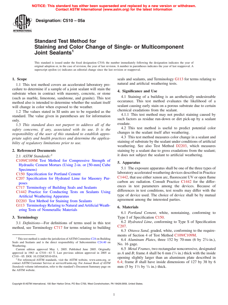 ASTM C510-05a - Standard Test Method for Staining and Color Change of Single- or Multicomponent Joint Sealants