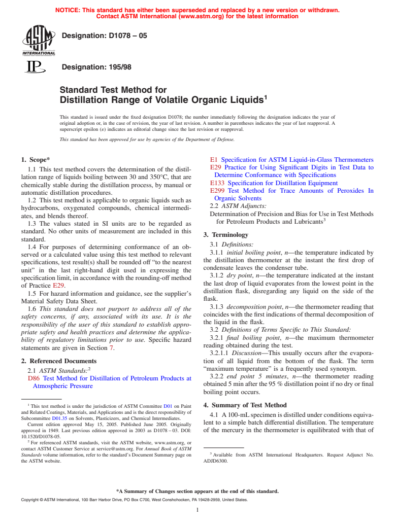 ASTM D1078-05 - Standard Test Method for Distillation Range of Volatile Organic Liquids
