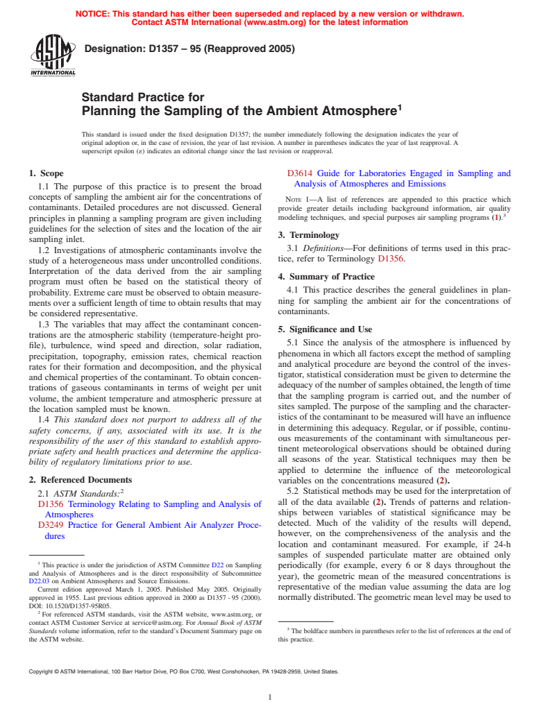 ASTM D1357-95(2005) - Standard Practice for Planning the Sampling of the Ambient Atmosphere