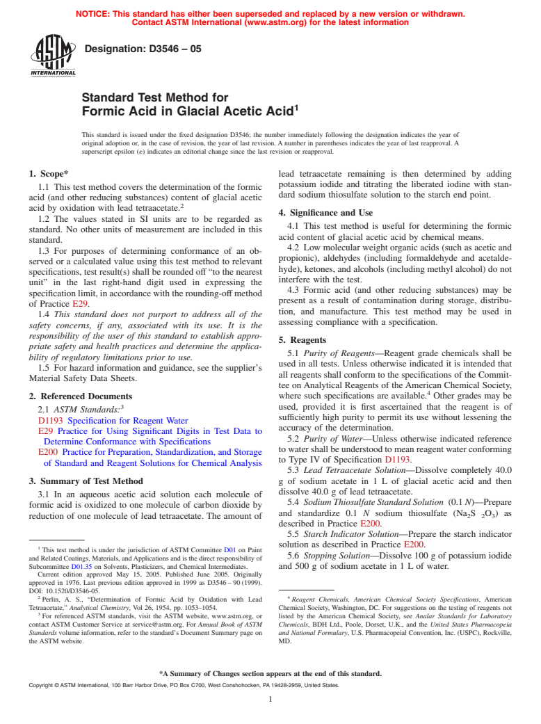 ASTM D3546-05 - Standard Test Method for Formic Acid in Glacial Acetic Acid