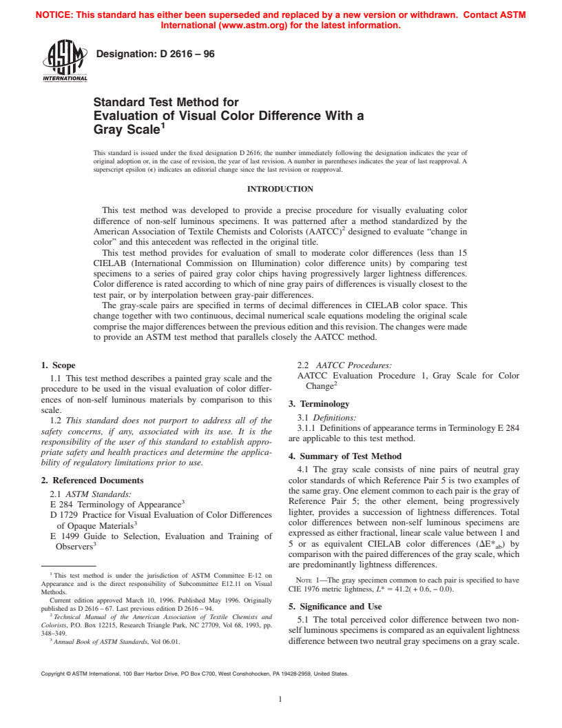 ASTM D2616-96 - Standard Test Method for Evaluation of Visual Color Difference With a Gray Scale