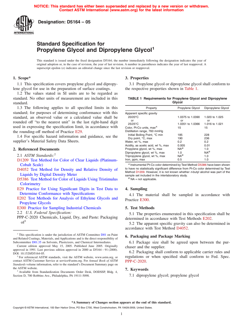 ASTM D5164-05 - Standard Specification for Propylene Glycol and Dipropylene Glycol