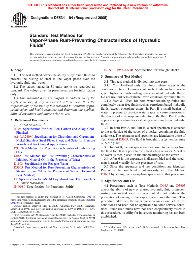 ASTM D5534-94(2005) - Standard Test Method for Vapor-Phase Rust-Preventing Characteristics of Hydraulic Fluids