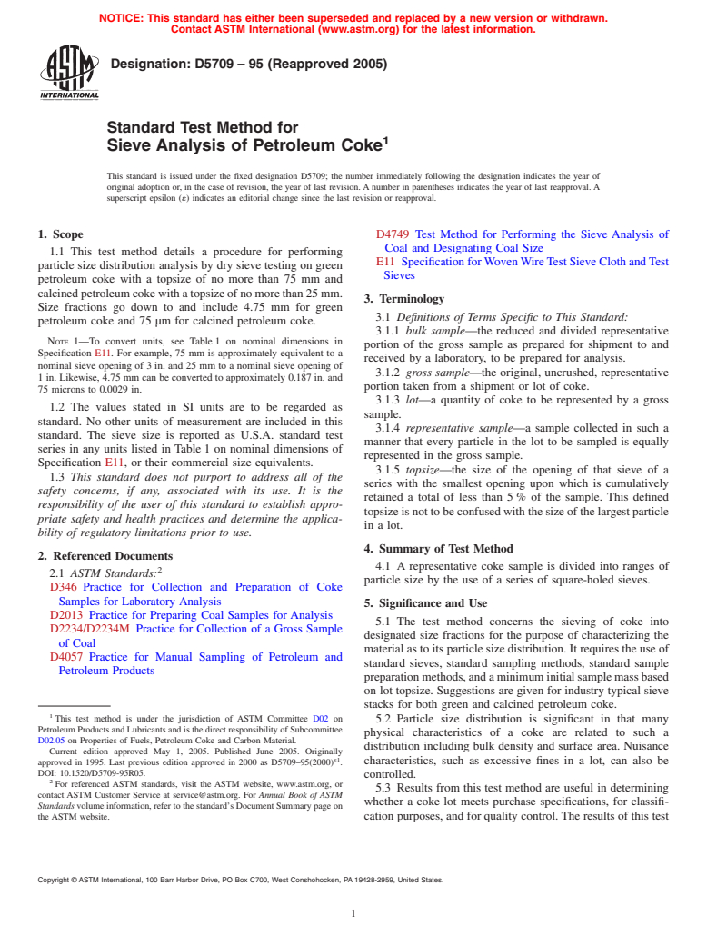 ASTM D5709-95(2005) - Standard Test Method for Sieve Analysis of Petroleum Coke