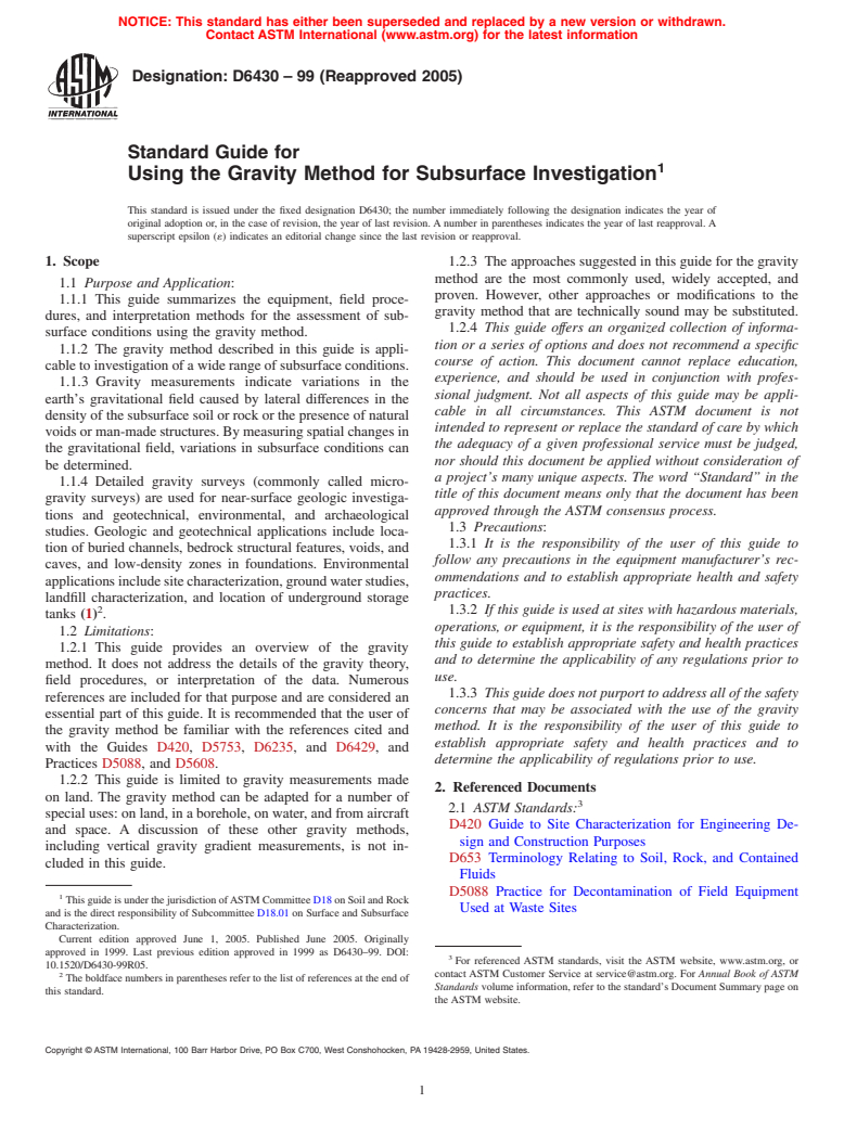 ASTM D6430-99(2005) - Standard Guide for Using the Gravity Method for Subsurface Investigation