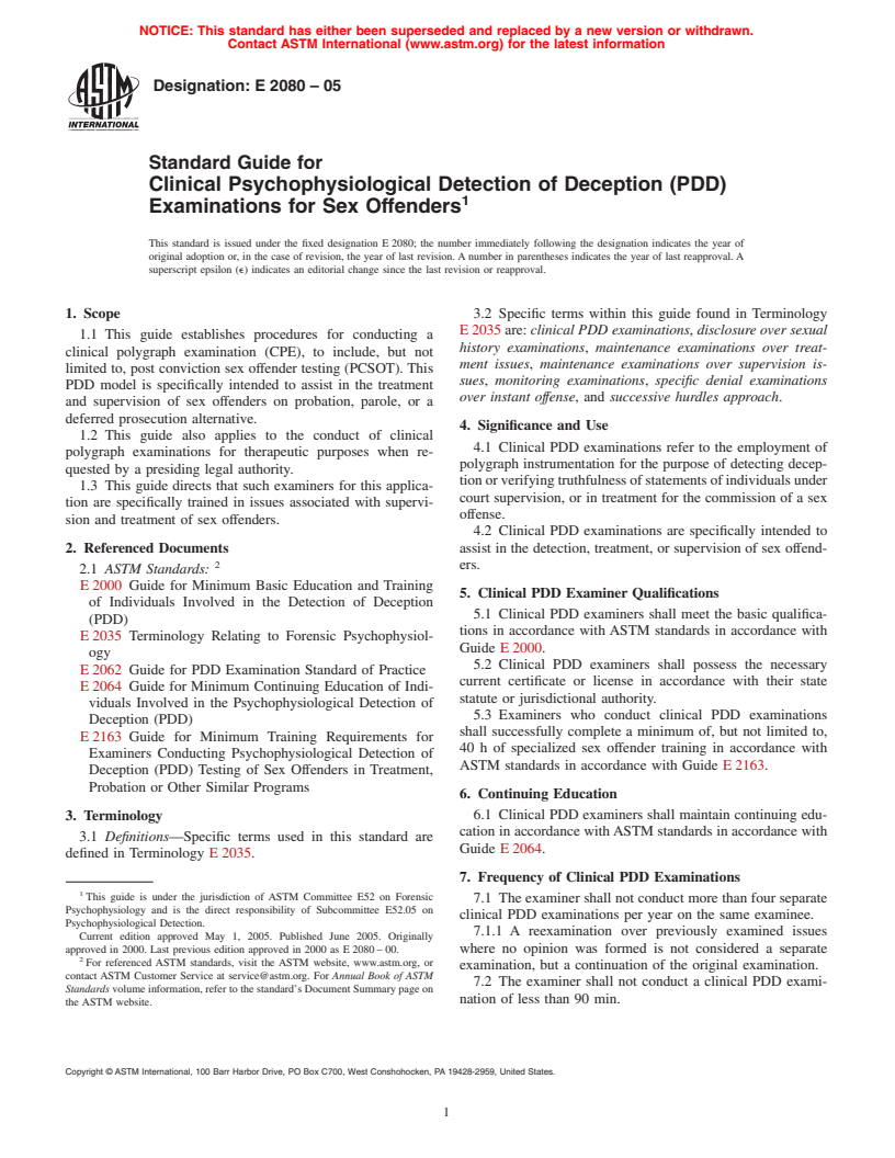 ASTM E2080-05 - Standard Guide for Clinical Psychophysiological Detection of Deception (PDD) Examinations for Sex Offenders