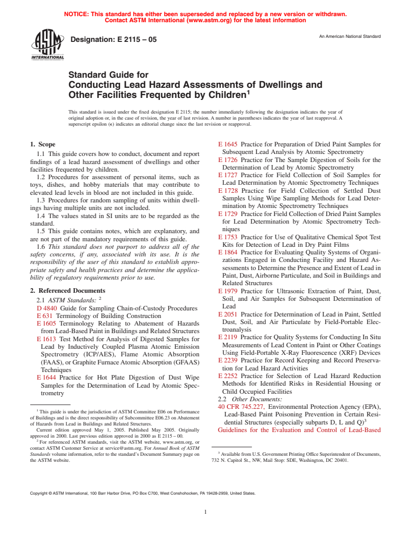 ASTM E2115-05 - Standard Guide for Conducting Lead Hazard Assessments of Dwellings and Other Facilities Frequented by Children