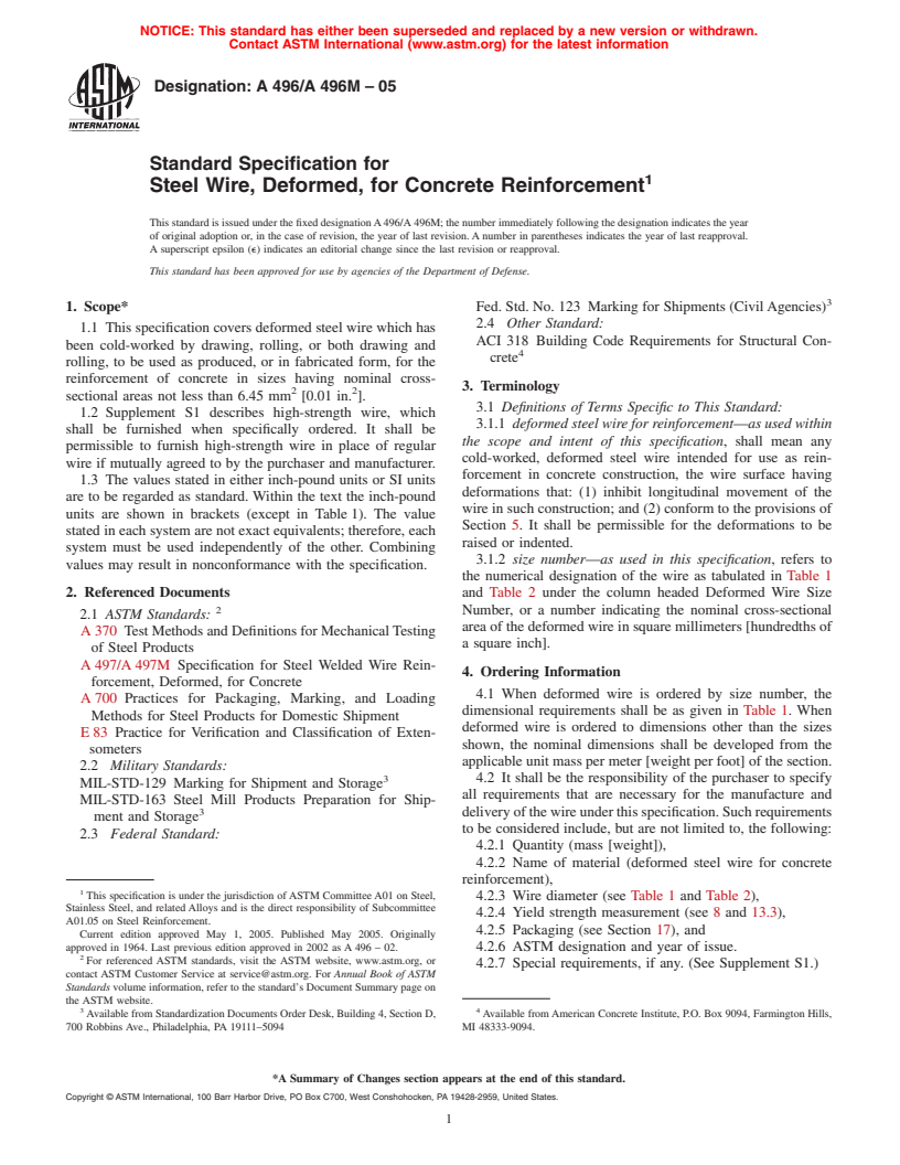 ASTM A496/A496M-05 - Standard Specification for Steel Wire, Deformed, for Concrete Reinforcement