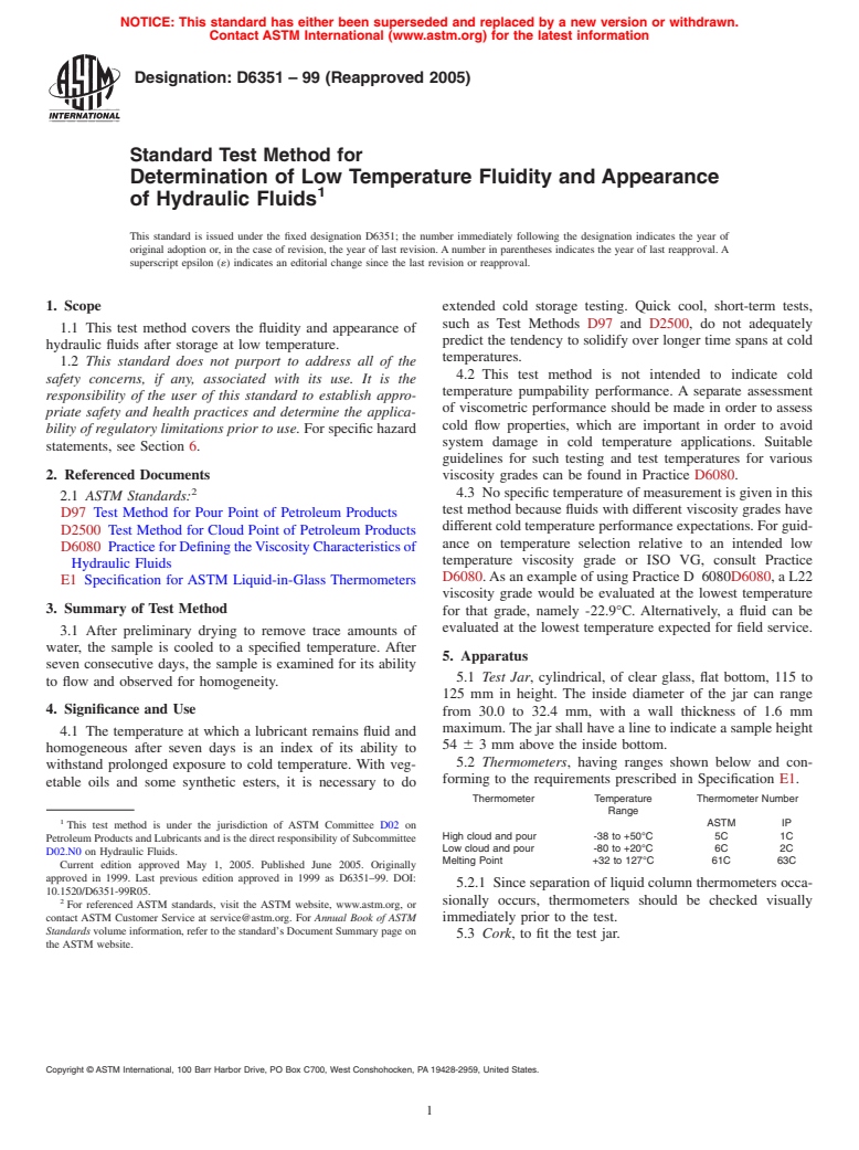 ASTM D6351-99(2005) - Standard Test Method for Determination of Low Temperature Fluidity and Appearance of Hydraulic Fluids