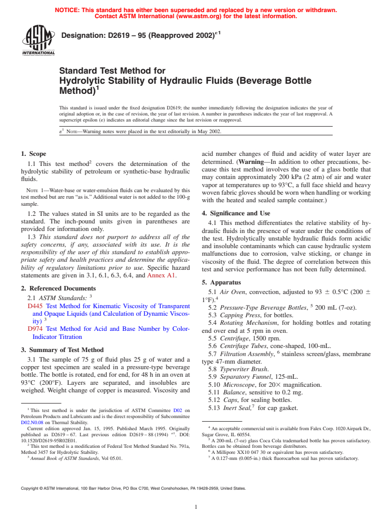 ASTM D2619-95(2002)e1 - Standard Test Method for Hydrolytic Stability of Hydraulic Fluids (Beverage Bottle Method)