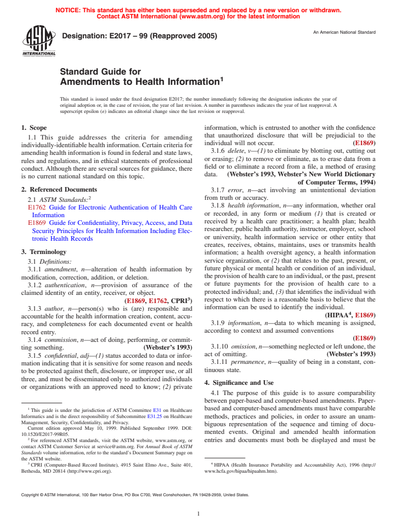 ASTM E2017-99(2005) - Standard Guide for Amendments to Health Information