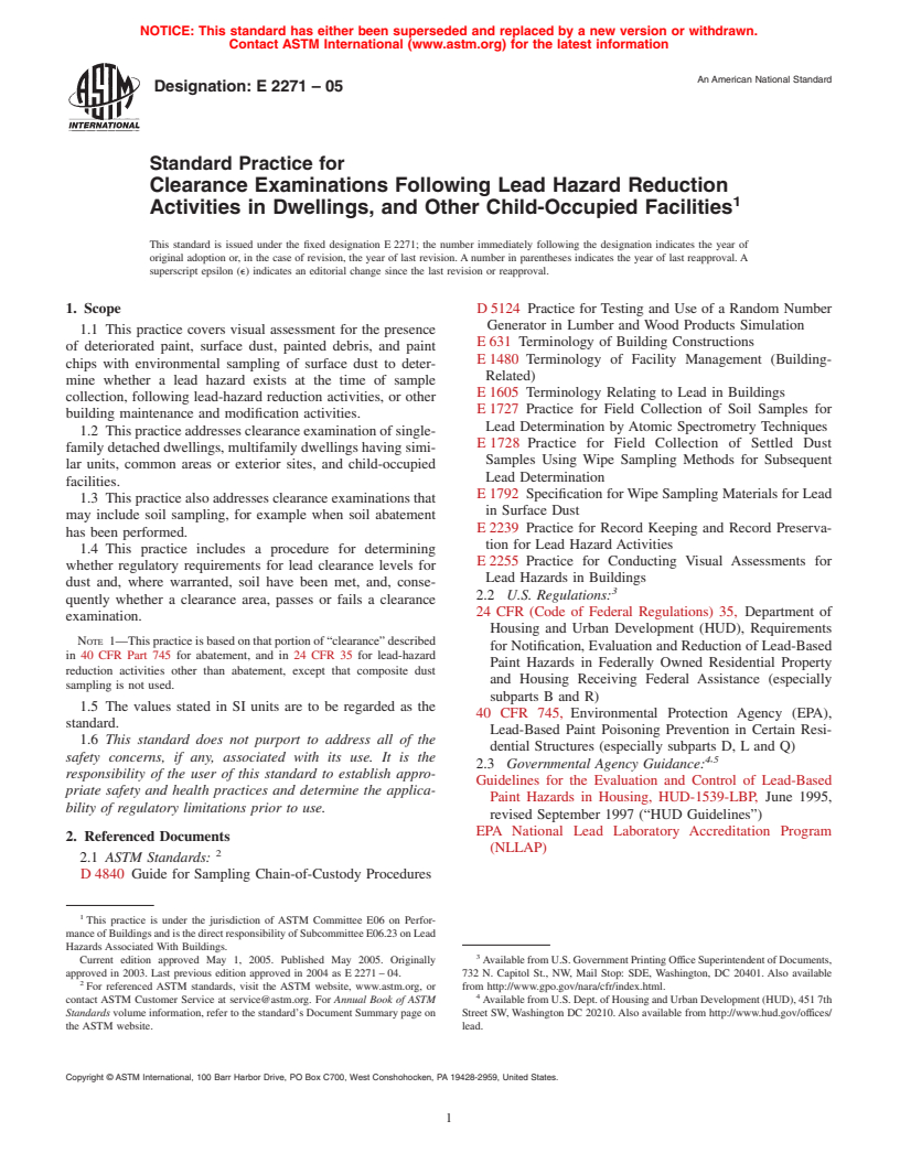 ASTM E2271-05 - Standard Practice for Clearance Examinations Following Lead Hazard Reduction Activities in Single-Family Dwellings and Child-Occupied Facilities