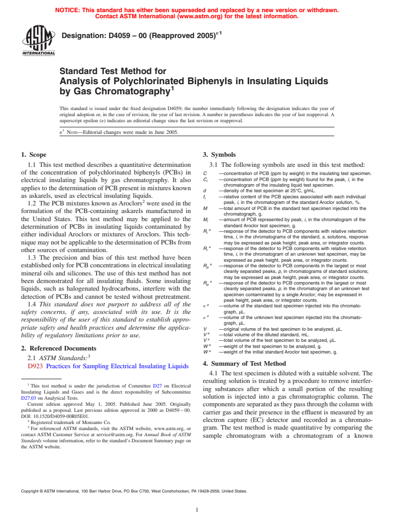 ASTM D4059-00(2005)e1 - Standard Test Method for Analysis of Polychlorinated Biphenyls in Insulating Liquids by Gas Chromatography