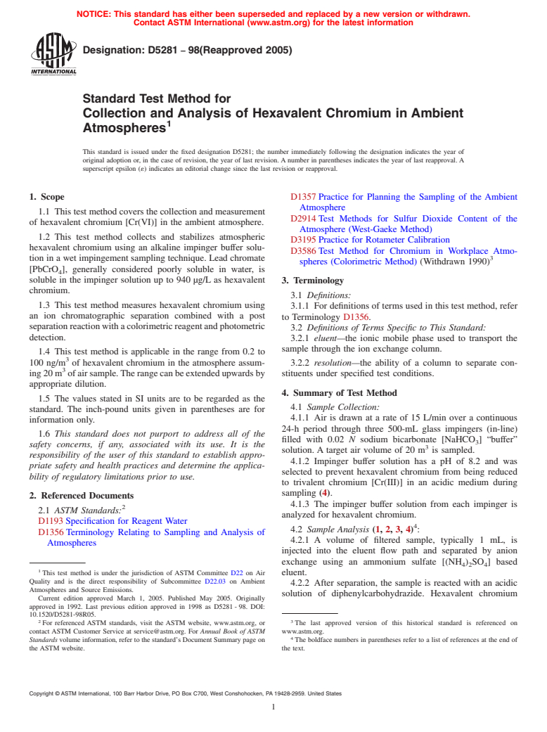 ASTM D5281-98(2005) - Standard Test Method for Collection and Analysis of Hexavalent Chromium in Ambient Atmospheres