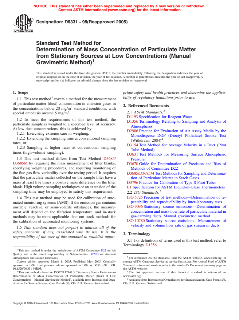 ASTM D6331-98(2005) - Standard Test Method for Determination of Mass Concentration of Particulate Matter from Stationary Sources at Low Concentrations (Manual Gravimetric Method)