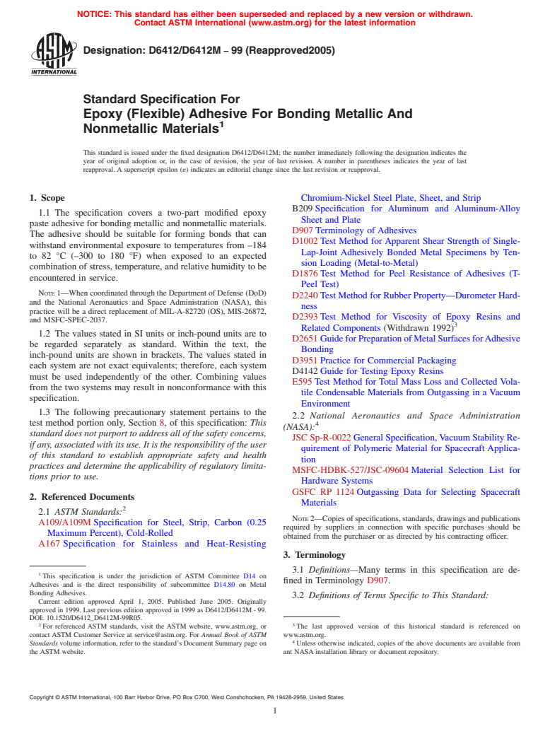 ASTM D6412/D6412M-99(2005) - Standard Specification for Epoxy (Flexible) Adhesive for Bonding Metallic and Nonmetallic Materials