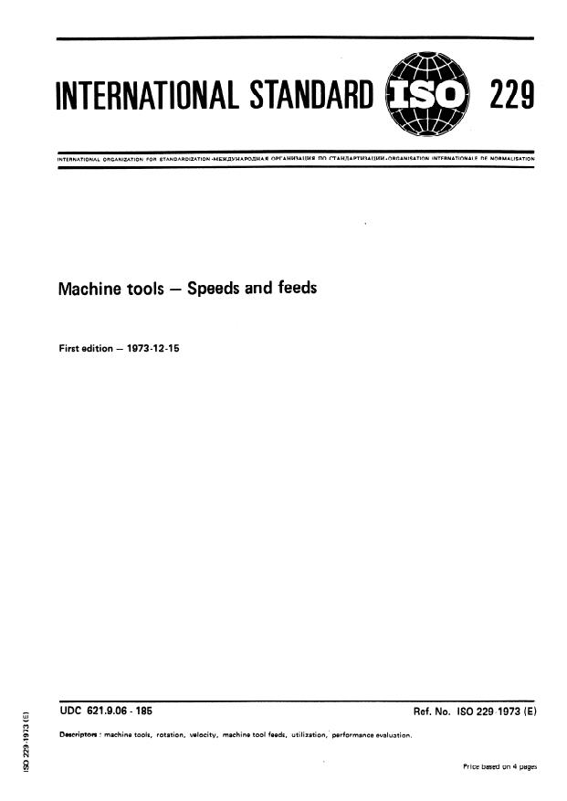 ISO 229:1973 - Machine tools -- Speeds and feeds