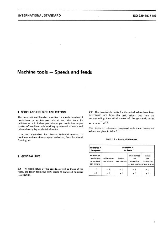 ISO 229:1973 - Machine tools -- Speeds and feeds