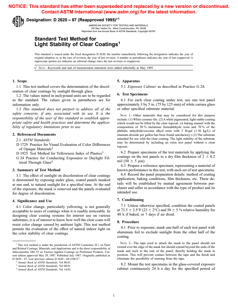 ASTM D2620-87(1995)e1 - Standard Test Method for Light Stability of Clear Coatings (Withdrawn 2001)