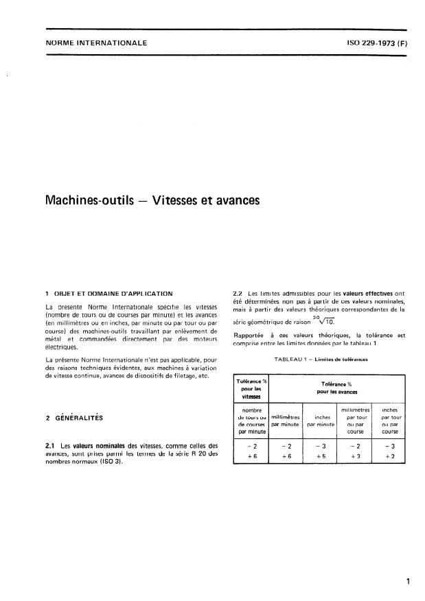 ISO 229:1973 - Machines-outils -- Vitesses et avances