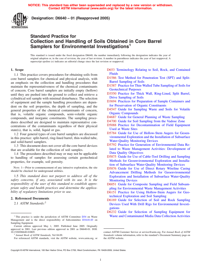 ASTM D6640-01(2005) - Standard Practice for Collection and Handling of Soils Obtained in Core Barrel Samplers for Environmental Investigations