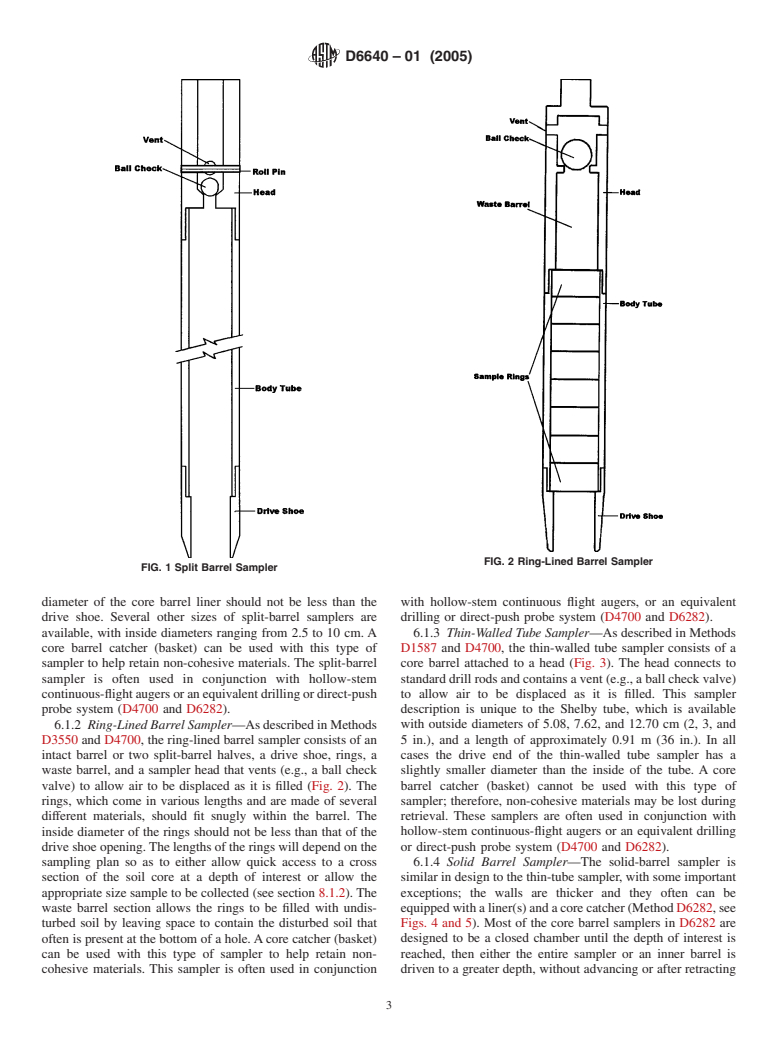 ASTM D6640-01(2005) - Standard Practice for Collection and Handling of Soils Obtained in Core Barrel Samplers for Environmental Investigations