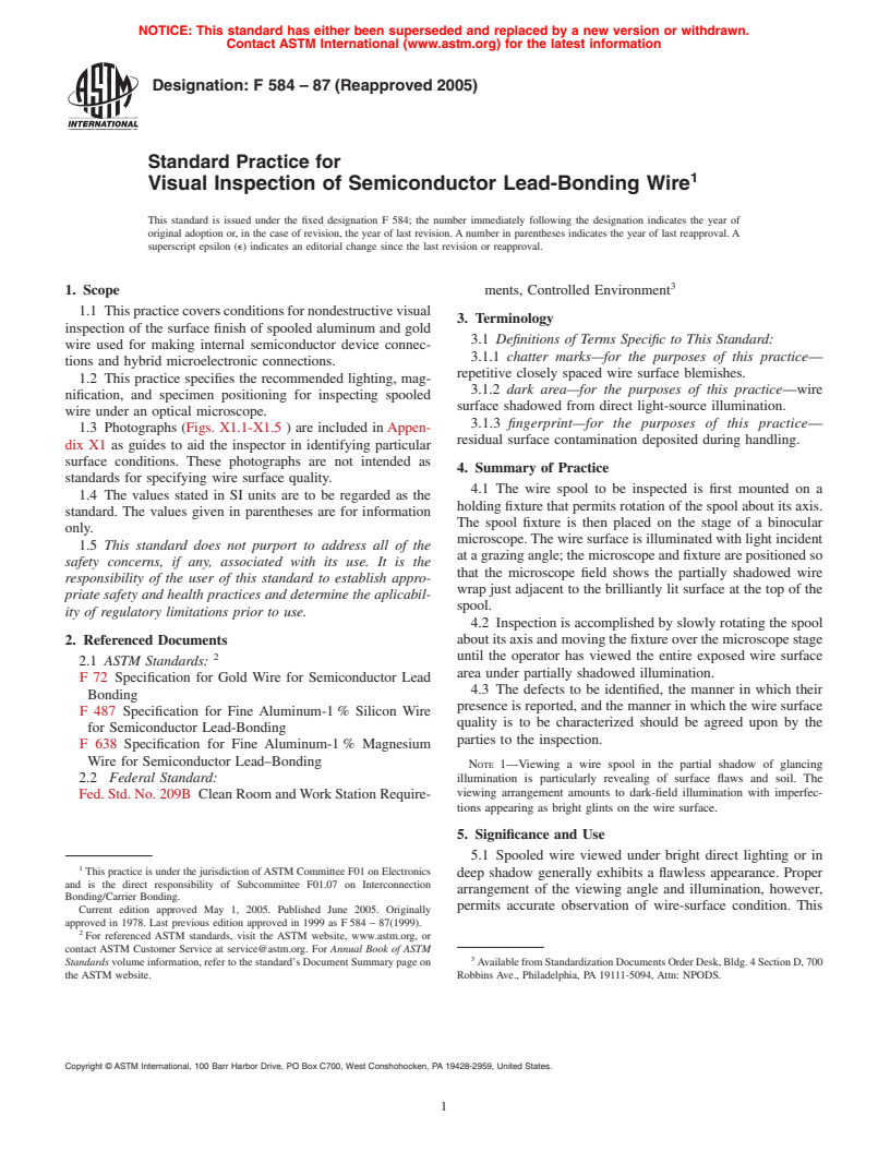 ASTM F584-87(2005) - Standard Practice for Visual Inspection of Semiconductor Lead-Bonding Wire