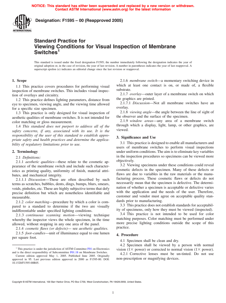 ASTM F1595-00(2005) - Standard Practice for Viewing Conditions for Visual Inspection of Membrane Switches