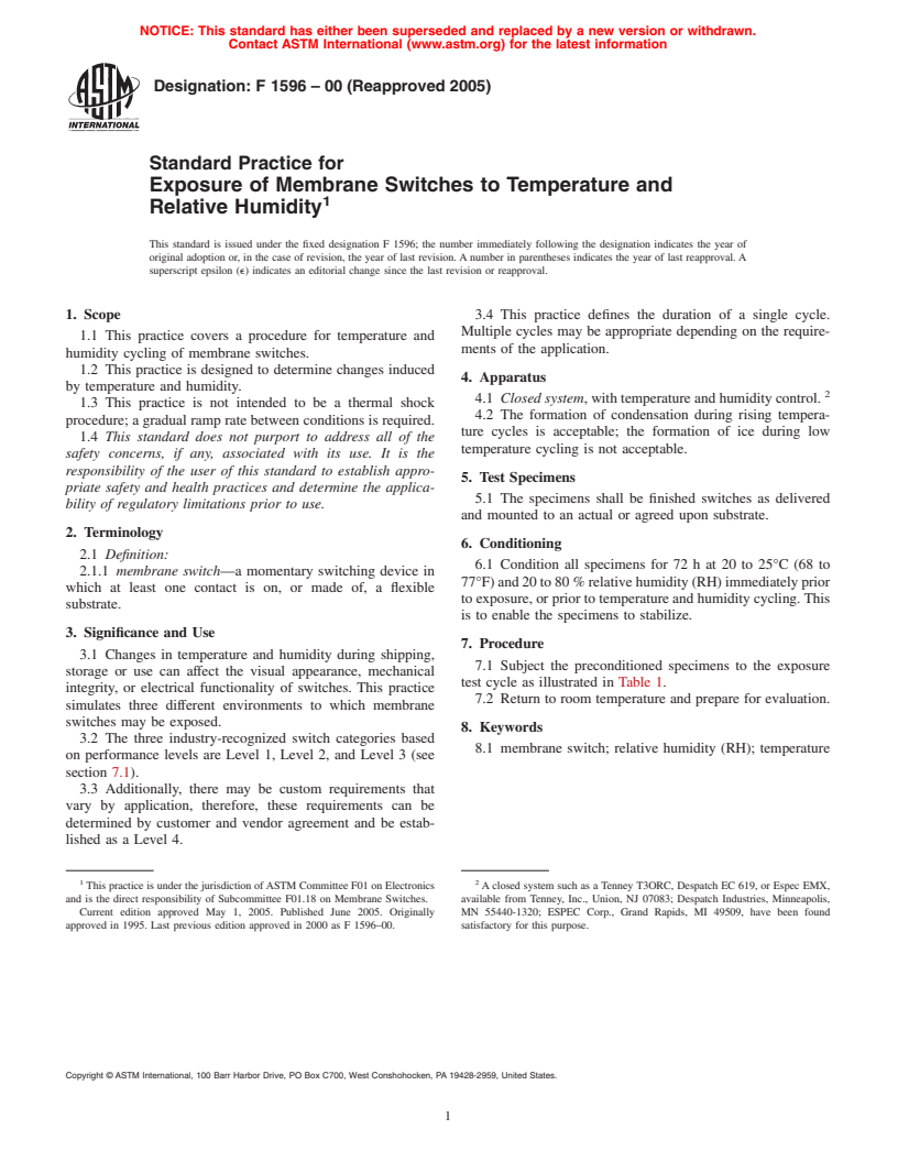 ASTM F1596-00(2005) - Standard Practice for Exposure of Membrane Switches to Temperature and Relative Humidity