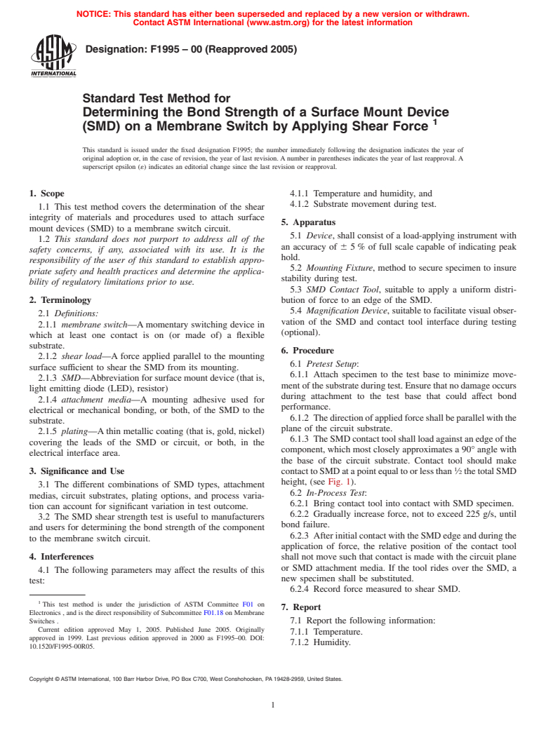 ASTM F1995-00(2005) - Standard Test Method for Determining the Bond Strength for a Surface Mount Device (SMD) by Applying Shear Force on a Membrane Switch