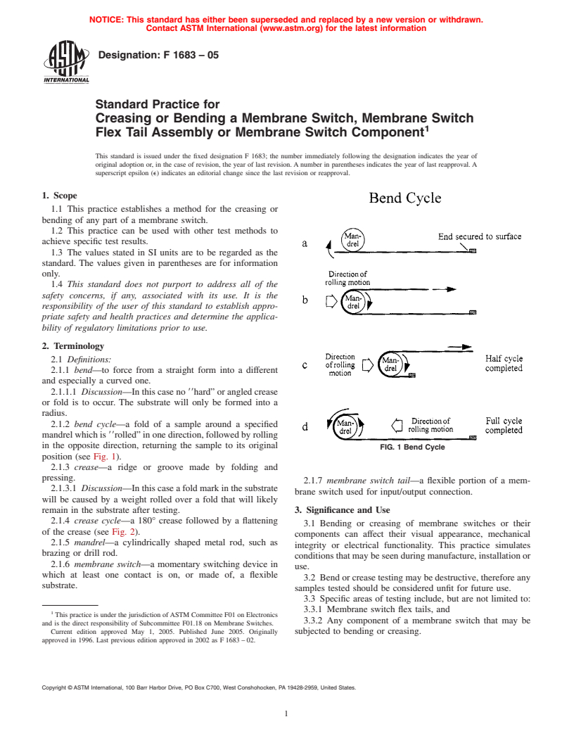 ASTM F1683-05 - Standard Practice for Creasing or Bending a Membrane Switch, Membrane Switch Flex Tail Assembly or Membrane Switch Component