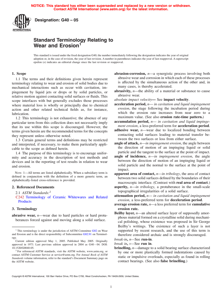 ASTM G40-05 - Standard Terminology Relating to Wear and Erosion