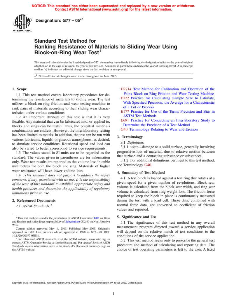 ASTM G77-05e1 - Standard Test Method for Ranking Resistance of Materials to Sliding Wear Using Block-on-Ring Wear Test