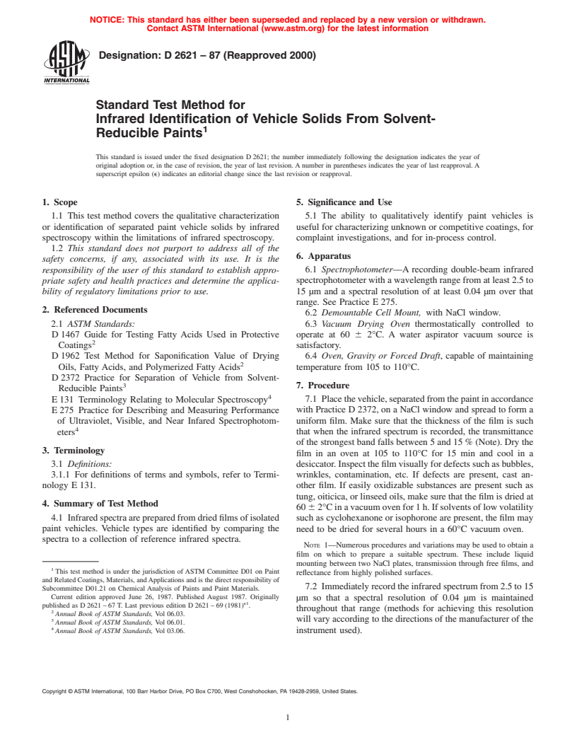 ASTM D2621-87(2000) - Standard Test Method for Infrared Identification of Vehicle Solids From Solvent-Reducible Paints