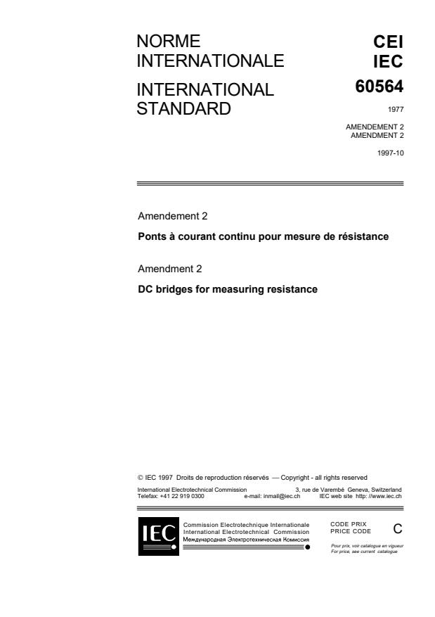 IEC 60564:1977/AMD2:1997 - Amendment 2 - D.C. bridges for measuring resistance