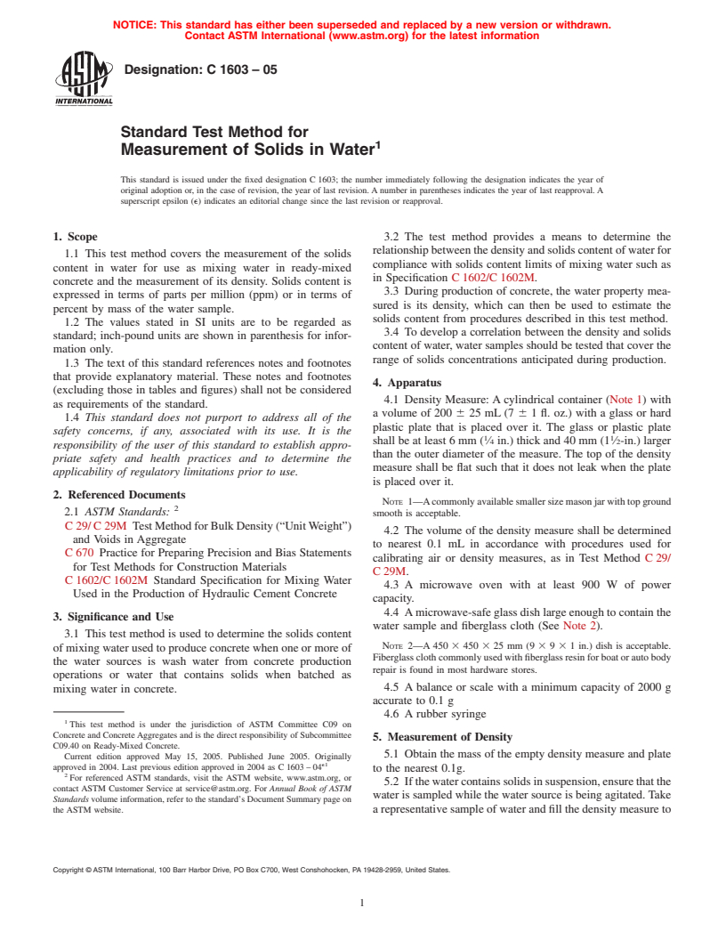 ASTM C1603-05 - Standard Test Method for Measurement of Solids in Water